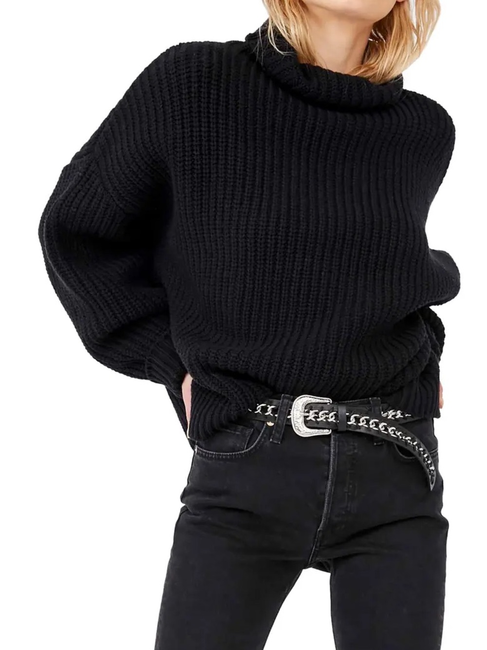NWT Free People Black Swim Too Deep Oversized Pullover Shaker Knit Sweater Small